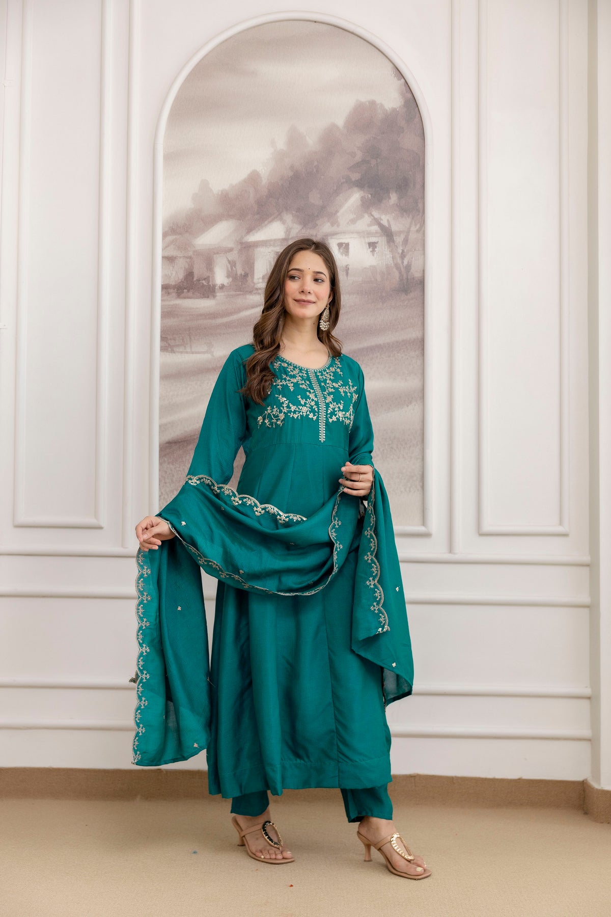 Women's Embroidered Vichitra Silk Kurta Pant Set with Dupatta