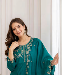Women's Embroidered Vichitra Silk Kurta Pant Set with Dupatta thumbnail
