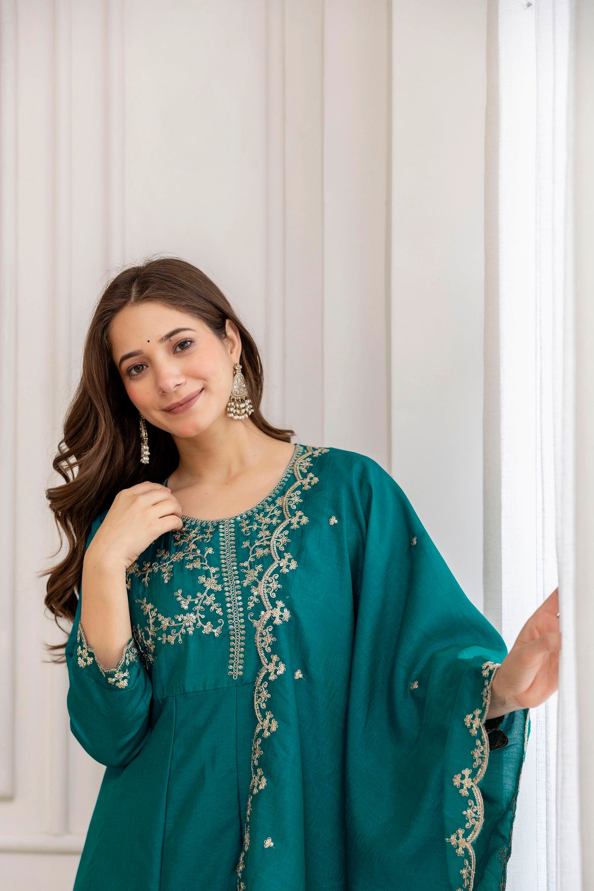 Women's Embroidered Vichitra Silk Kurta Pant Set with Dupatta