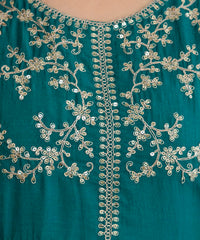 Women's Embroidered Vichitra Silk Kurta Pant Set with Dupatta thumbnail