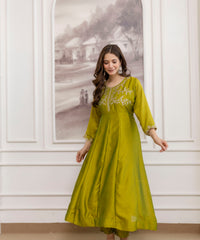 Women's Embroidered Vichitra Silk Kurta Pant Set with Dupatta thumbnail