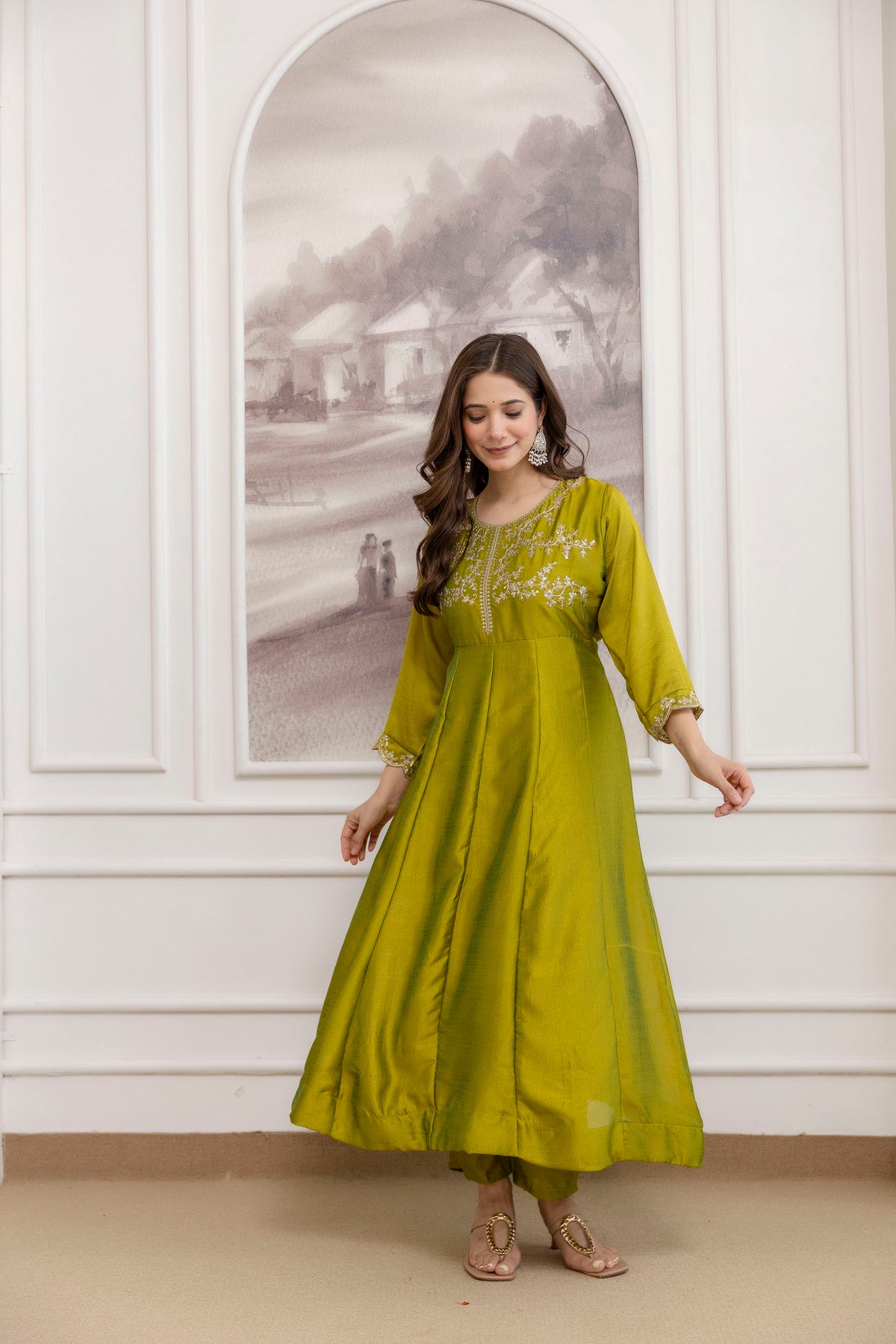 Women's Embroidered Vichitra Silk Kurta Pant Set with Dupatta