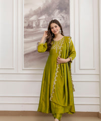 Women's Embroidered Vichitra Silk Kurta Pant Set with Dupatta thumbnail