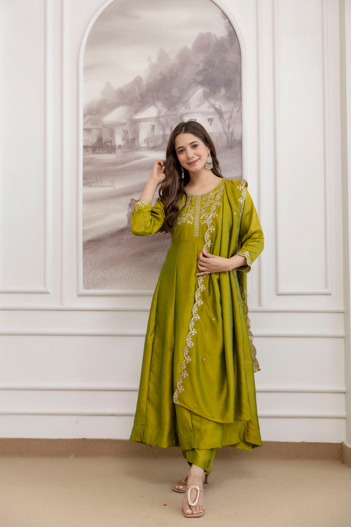 Women's Embroidered Vichitra Silk Kurta Pant Set with Dupatta