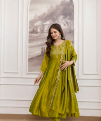 Women's Embroidered Vichitra Silk Kurta Pant Set with Dupatta thumbnail