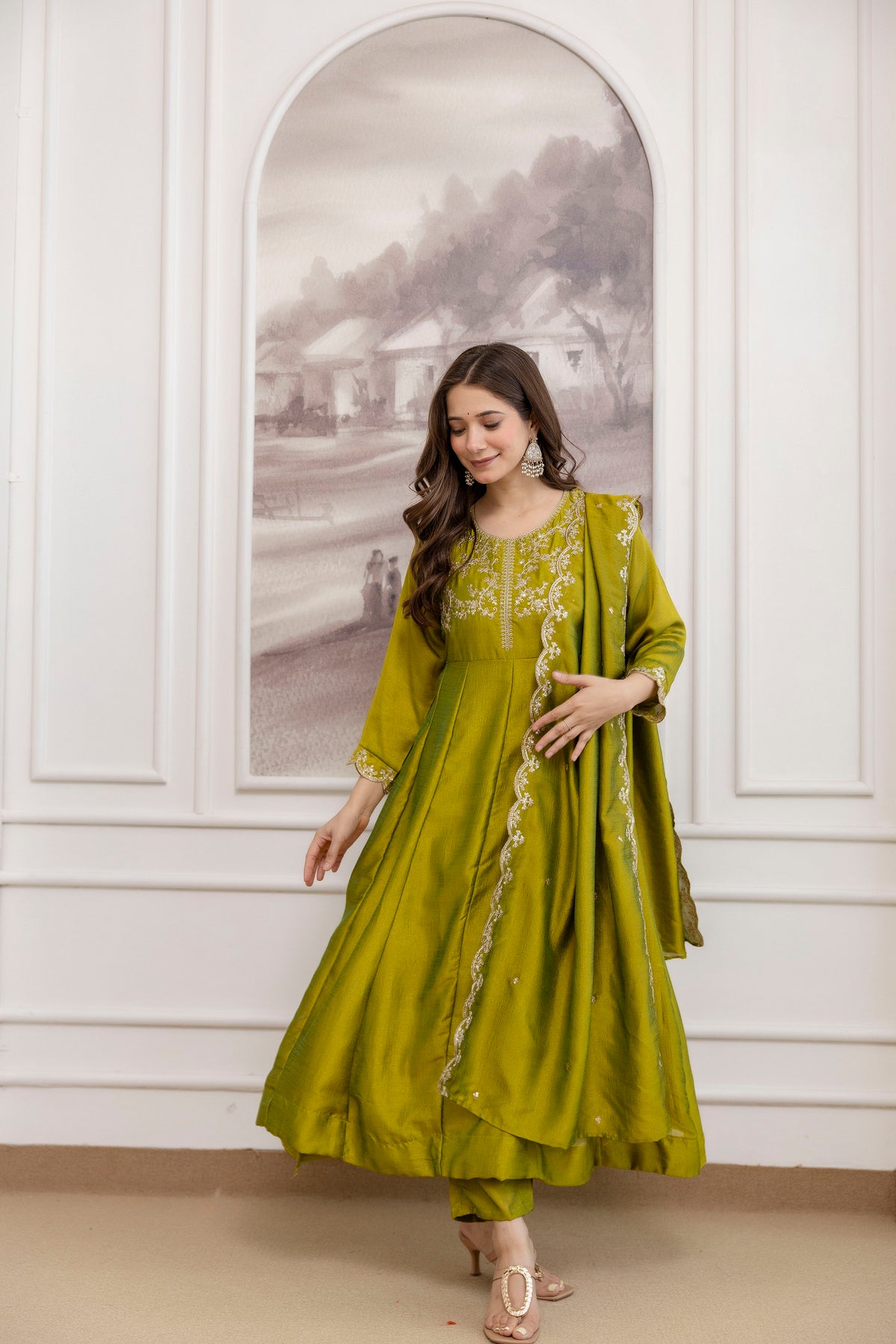 Women's Embroidered Vichitra Silk Kurta Pant Set with Dupatta