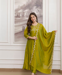 Women's Embroidered Vichitra Silk Kurta Pant Set with Dupatta thumbnail