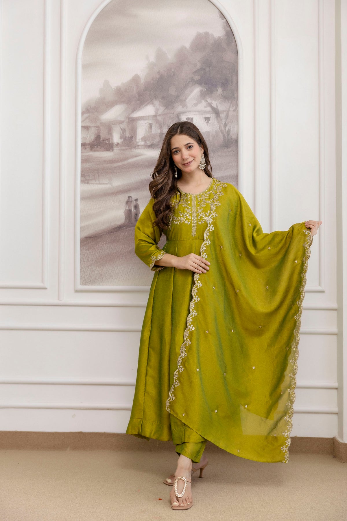 Women's Embroidered Vichitra Silk Kurta Pant Set with Dupatta