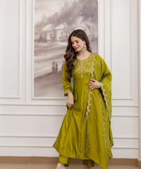 Women's Embroidered Vichitra Silk Kurta Pant Set with Dupatta thumbnail