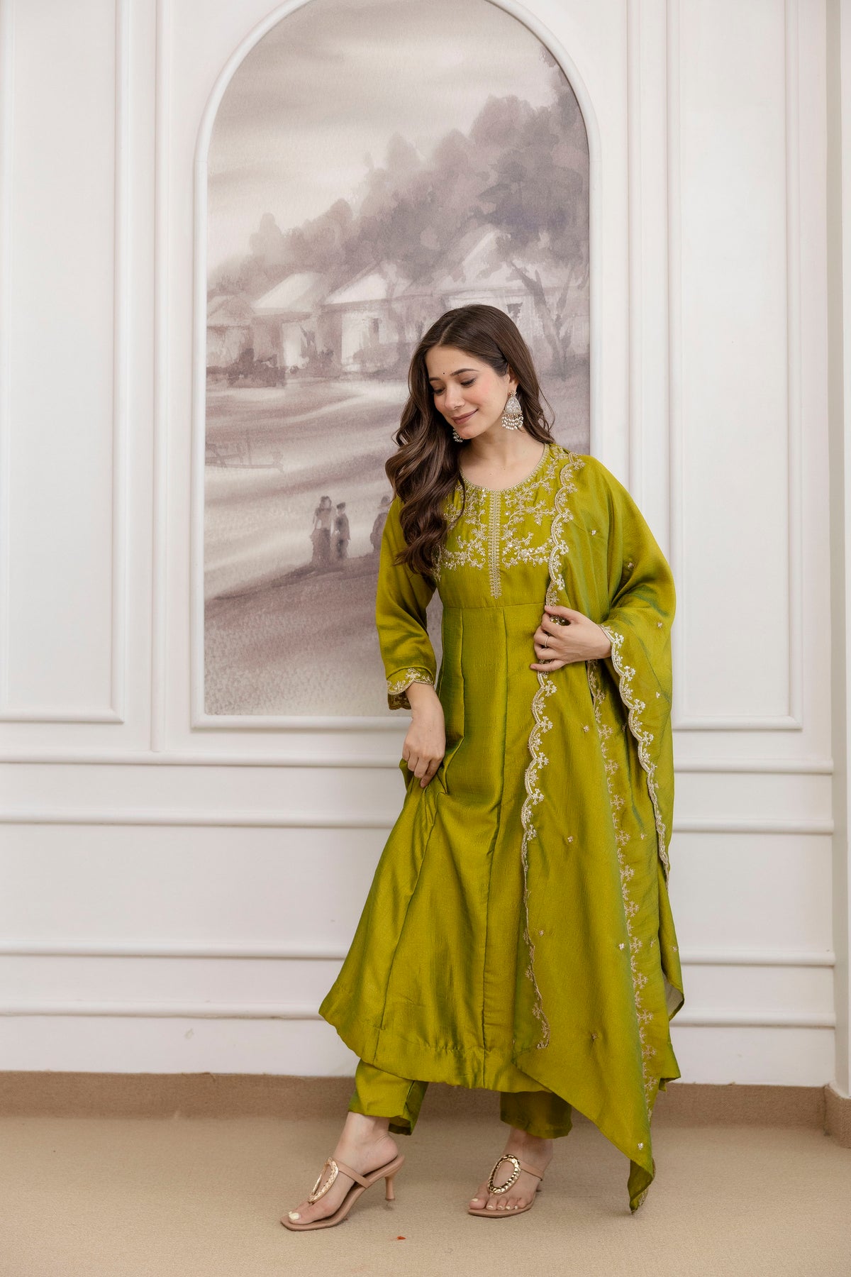 Women's Embroidered Vichitra Silk Kurta Pant Set with Dupatta