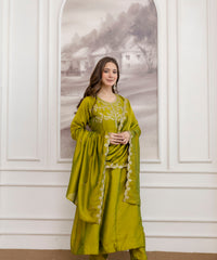 Women's Embroidered Vichitra Silk Kurta Pant Set with Dupatta thumbnail