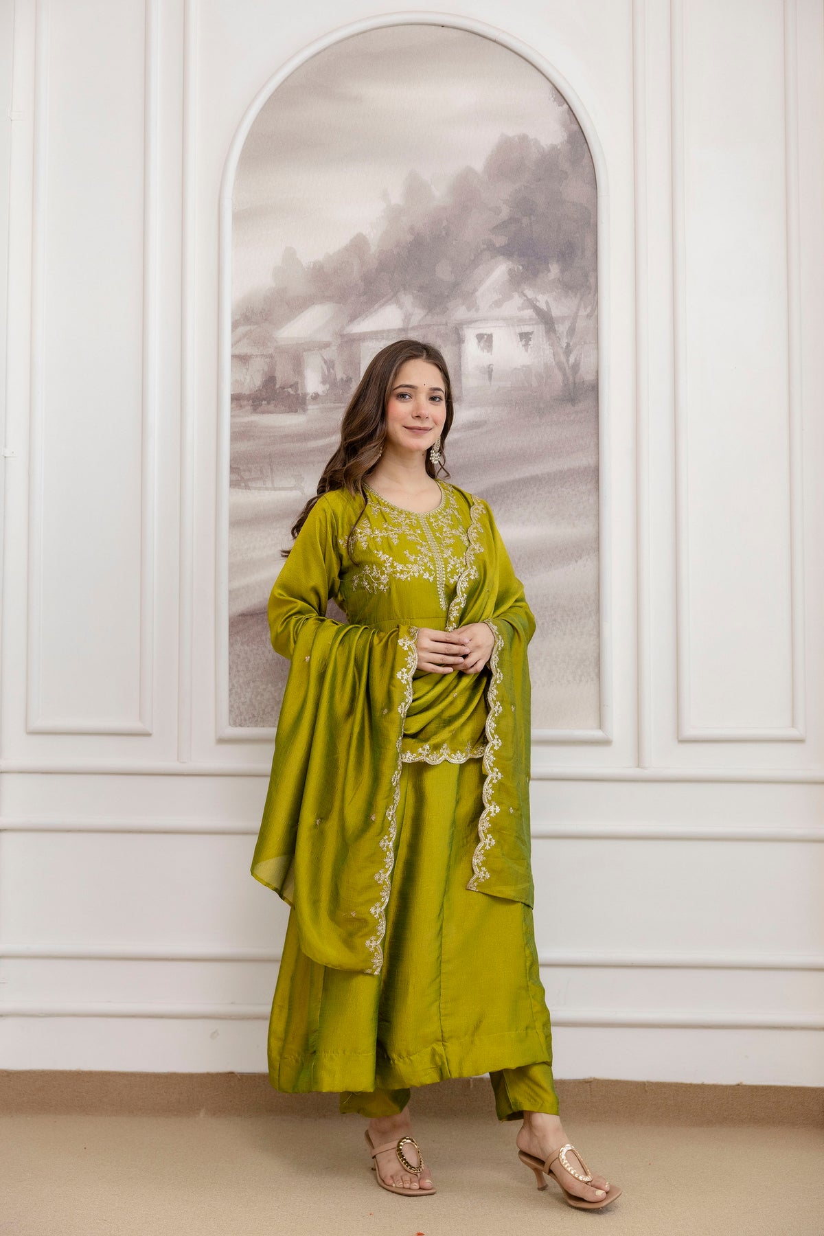 Women's Embroidered Vichitra Silk Kurta Pant Set with Dupatta