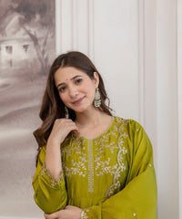 Women's Embroidered Vichitra Silk Kurta Pant Set with Dupatta thumbnail