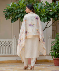 Women's Off-White Roman Silk Embroidered Kurta Pant Set with Jacquard Print Dupatta thumbnail