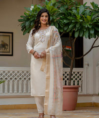 Women's Off-White Roman Silk Embroidered Kurta Pant Set with Jacquard Print Dupatta thumbnail