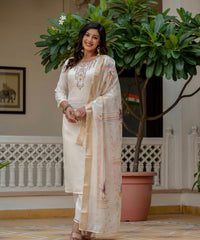 Women's Off-White Roman Silk Embroidered Kurta Pant Set with Jacquard Print Dupatta thumbnail