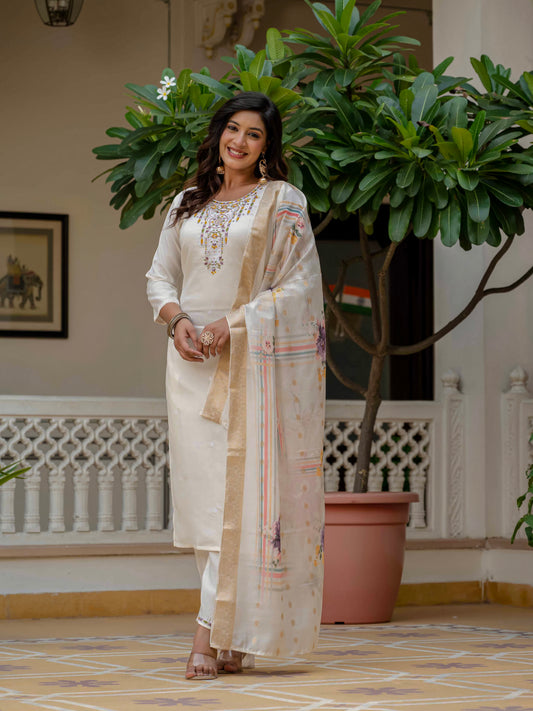 Women's Off-White Roman Silk Embroidered Kurta Pant Set with Jacquard Print Dupatta