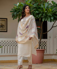 Women's Off-White Roman Silk Embroidered Kurta Pant Set with Jacquard Print Dupatta thumbnail
