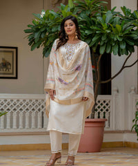 Women's Off-White Roman Silk Embroidered Kurta Pant Set with Jacquard Print Dupatta thumbnail