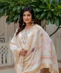 Women's Off-White Roman Silk Embroidered Kurta Pant Set with Jacquard Print Dupatta thumbnail