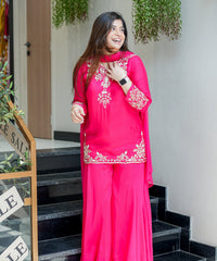 Women's Embroidered Natural Crepe Kurta Pant Set with Dupatta – VI-DRISHTI thumbnail