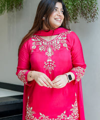 Women's Embroidered Natural Crepe Kurta Pant Set with Dupatta – VI-DRISHTI thumbnail
