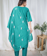 Women's Embroidered Cotton Kurti Pant Set with Dupatta thumbnail