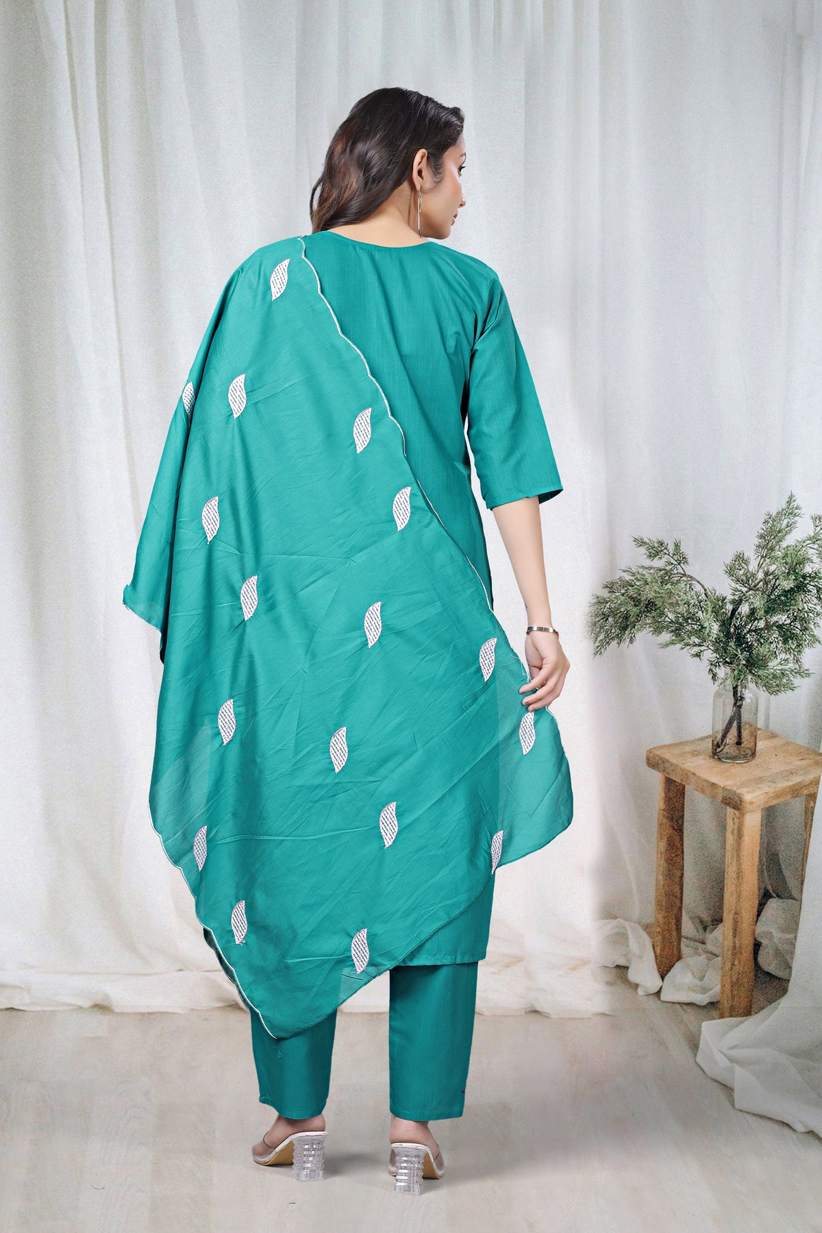 Women's Embroidered Cotton Kurti Pant Set with Dupatta