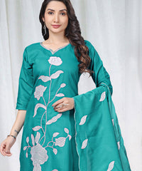 Women's Embroidered Cotton Kurti Pant Set with Dupatta thumbnail
