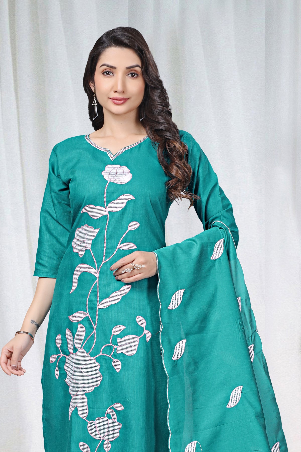 Women's Embroidered Cotton Kurti Pant Set with Dupatta