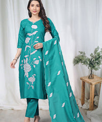 Women's Embroidered Cotton Kurti Pant Set with Dupatta thumbnail