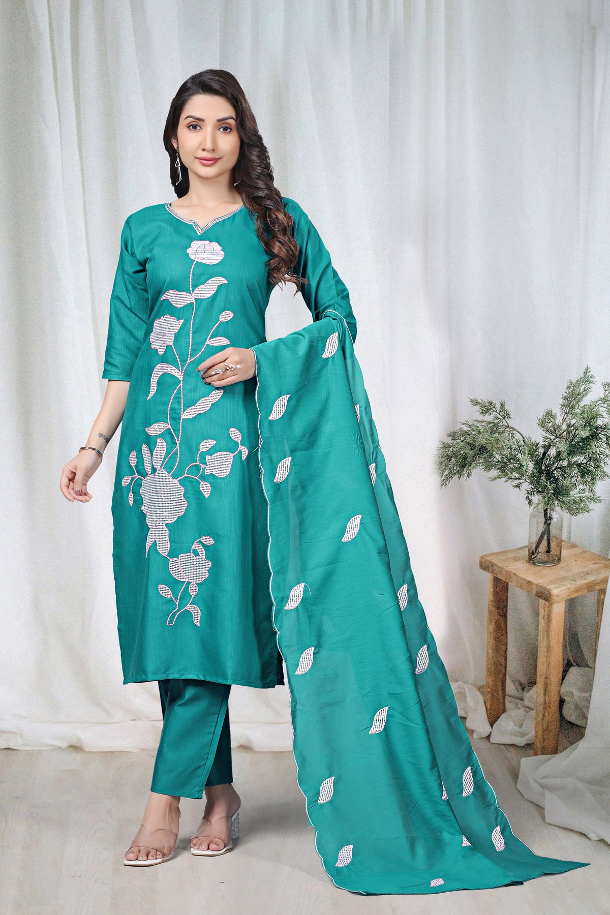 Women's Embroidered Cotton Kurti Pant Set with Dupatta