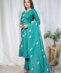 Women's Embroidered Cotton Kurti Pant Set with Dupatta thumbnail