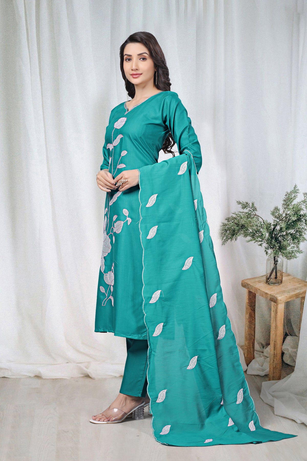 Women's Embroidered Cotton Kurti Pant Set with Dupatta