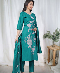 Women's Embroidered Cotton Kurti Pant Set with Dupatta thumbnail