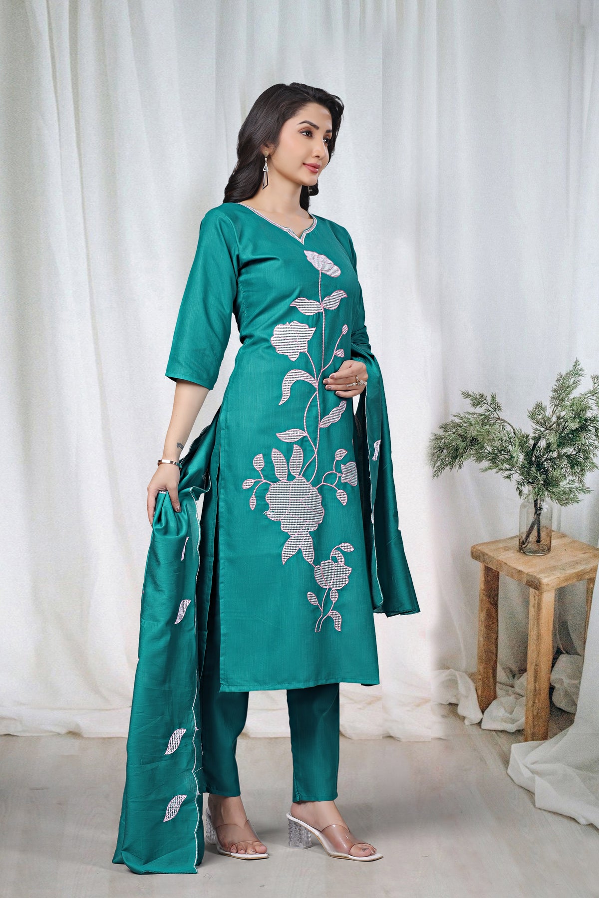Women's Embroidered Cotton Kurti Pant Set with Dupatta