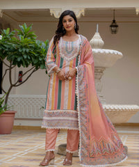 Women's Rayon Slub Embroidered Kurta Pant Set with Printed Chinon Dupatta thumbnail