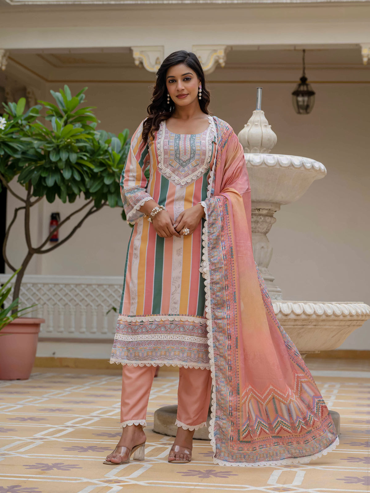 Women's Rayon Slub Embroidered Kurta Pant Set with Printed Chinon Dupatta