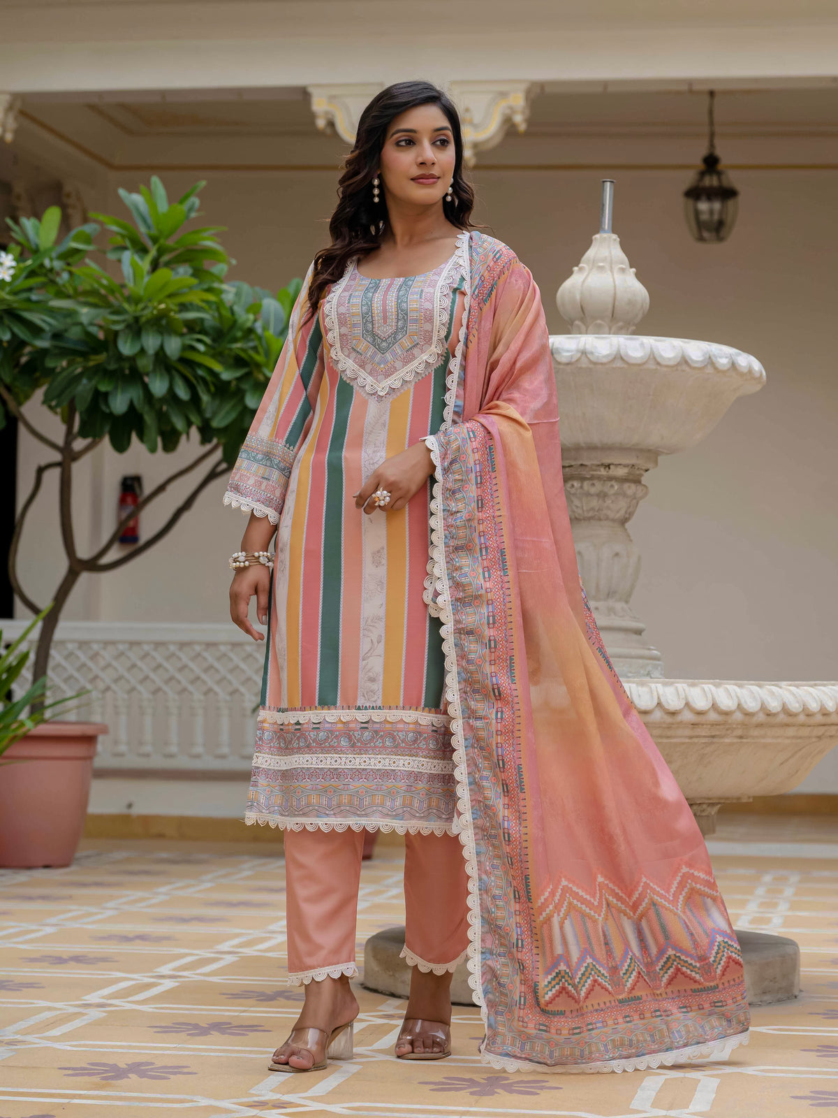 Women's Rayon Slub Embroidered Kurta Pant Set with Printed Chinon Dupatta