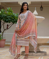 Women's Rayon Slub Embroidered Kurta Pant Set with Printed Chinon Dupatta thumbnail