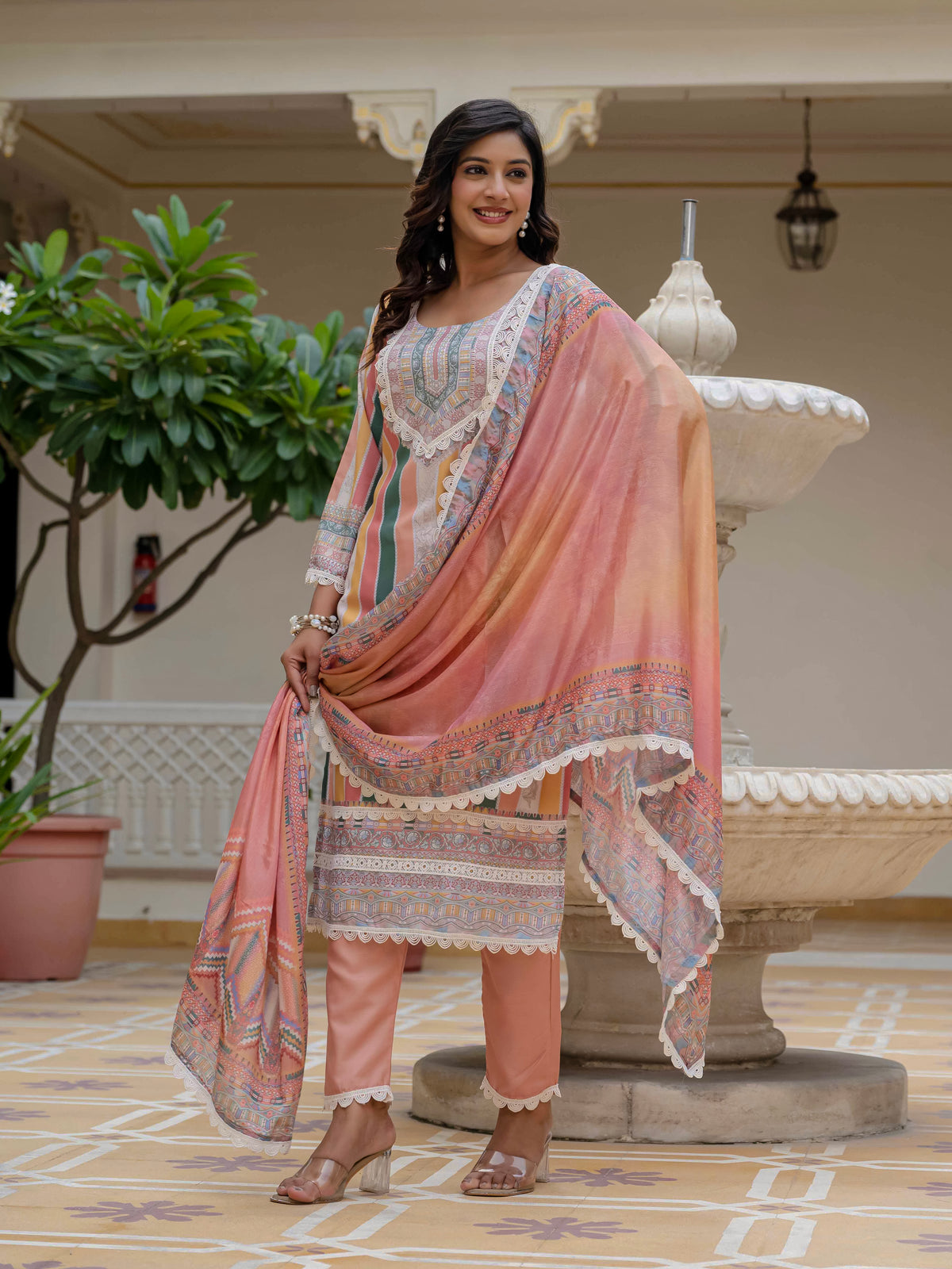 Women's Rayon Slub Embroidered Kurta Pant Set with Printed Chinon Dupatta