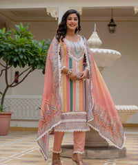Women's Rayon Slub Embroidered Kurta Pant Set with Printed Chinon Dupatta thumbnail