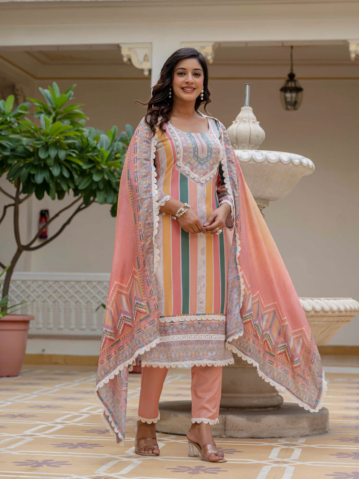 Women's Rayon Slub Embroidered Kurta Pant Set with Printed Chinon Dupatta