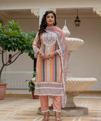 Women's Rayon Slub Embroidered Kurta Pant Set with Printed Chinon Dupatta thumbnail