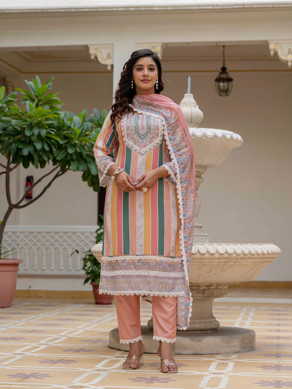 Women's Rayon Slub Embroidered Kurta Pant Set with Printed Chinon Dupatta