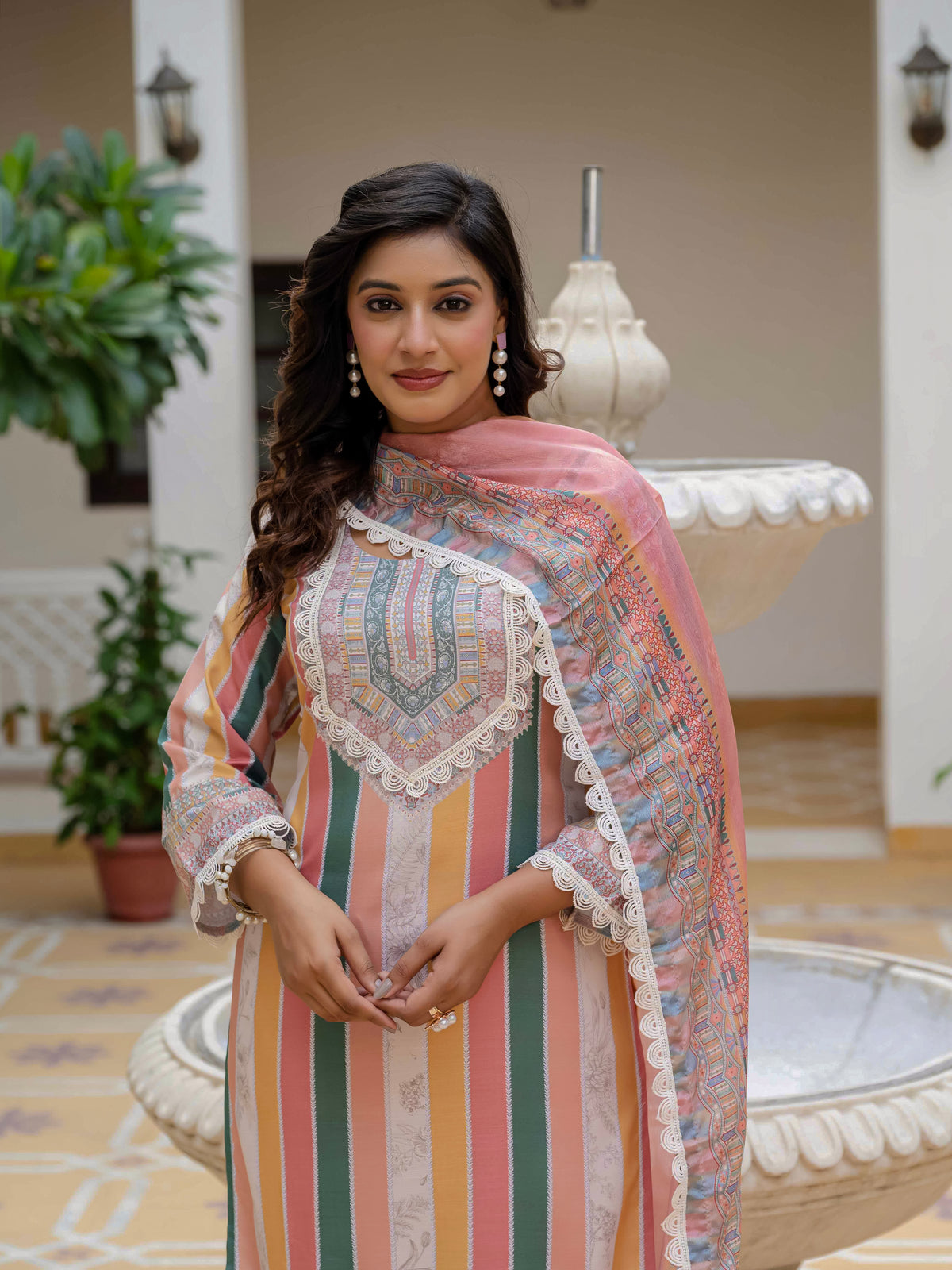 Women's Rayon Slub Embroidered Kurta Pant Set with Printed Chinon Dupatta