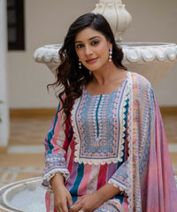 Women's Rayon Slub Embroidered Kurta Pant Set with Printed Chinon Dupatta thumbnail