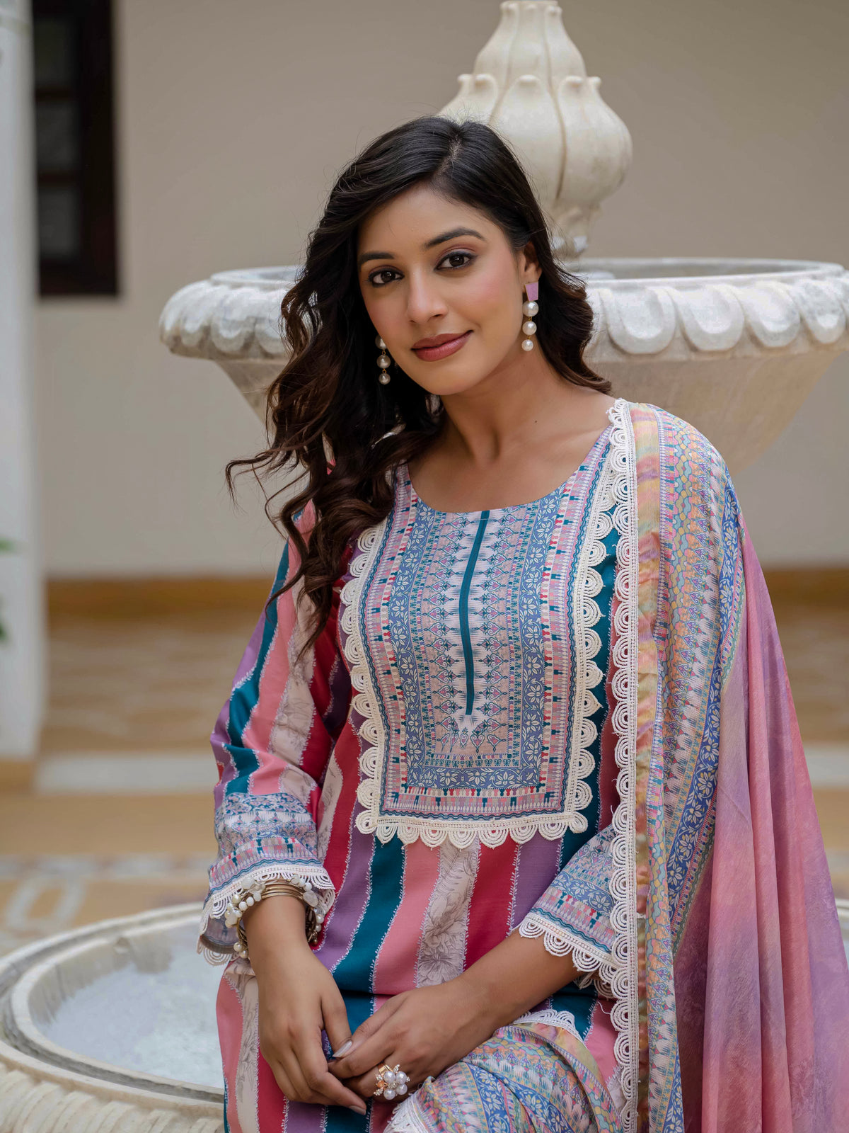 Women's Rayon Slub Embroidered Kurta Pant Set with Printed Chinon Dupatta