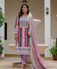Women's Rayon Slub Embroidered Kurta Pant Set with Printed Chinon Dupatta thumbnail