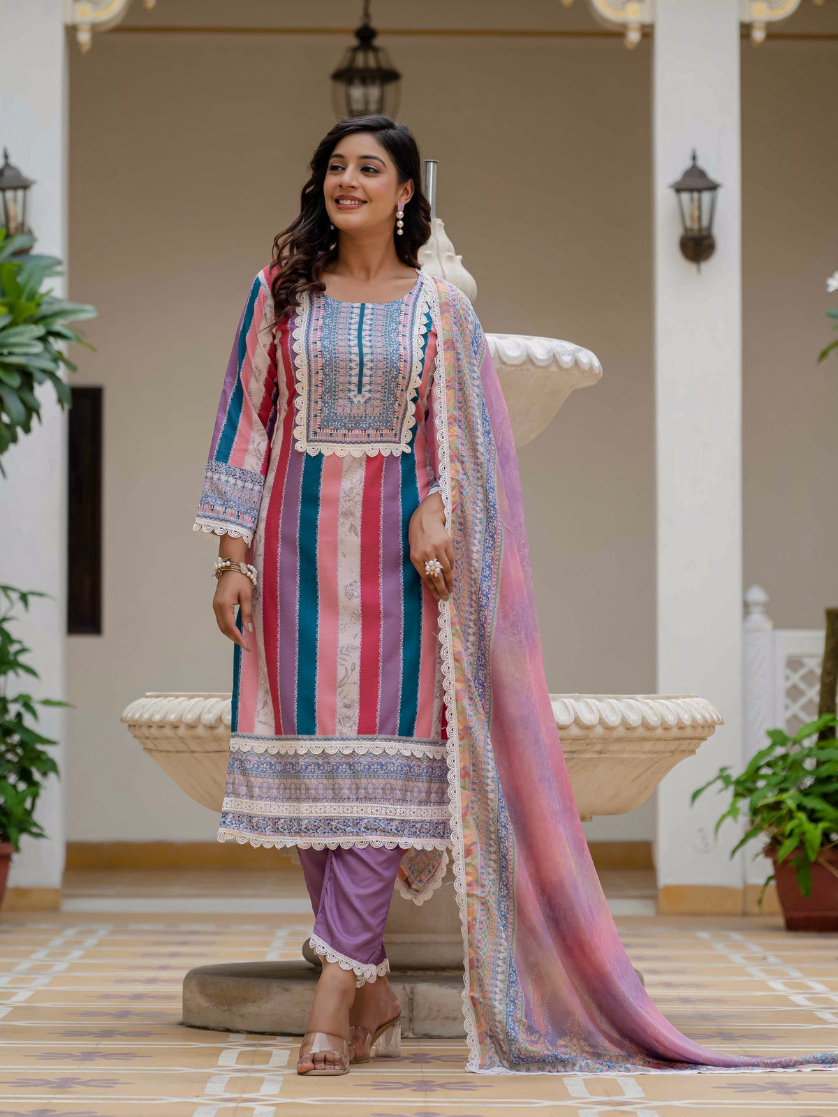 Women's Rayon Slub Embroidered Kurta Pant Set with Printed Chinon Dupatta